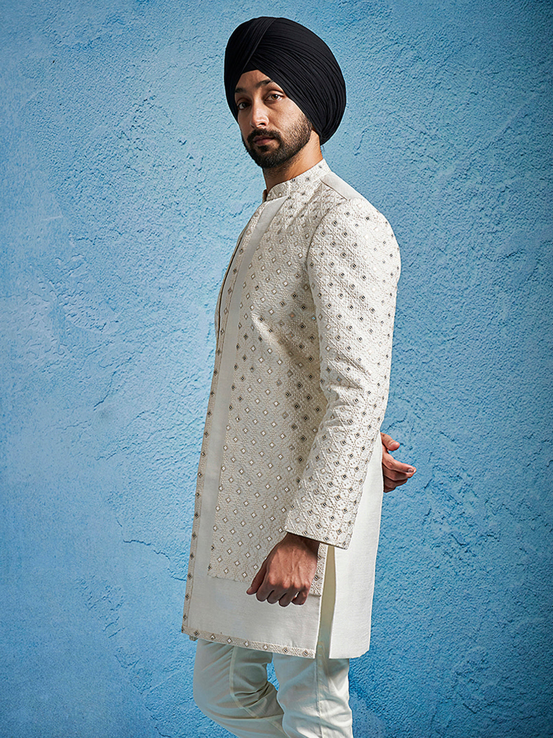 Men's Cream Silk Blend Straight Sherwani Only Top