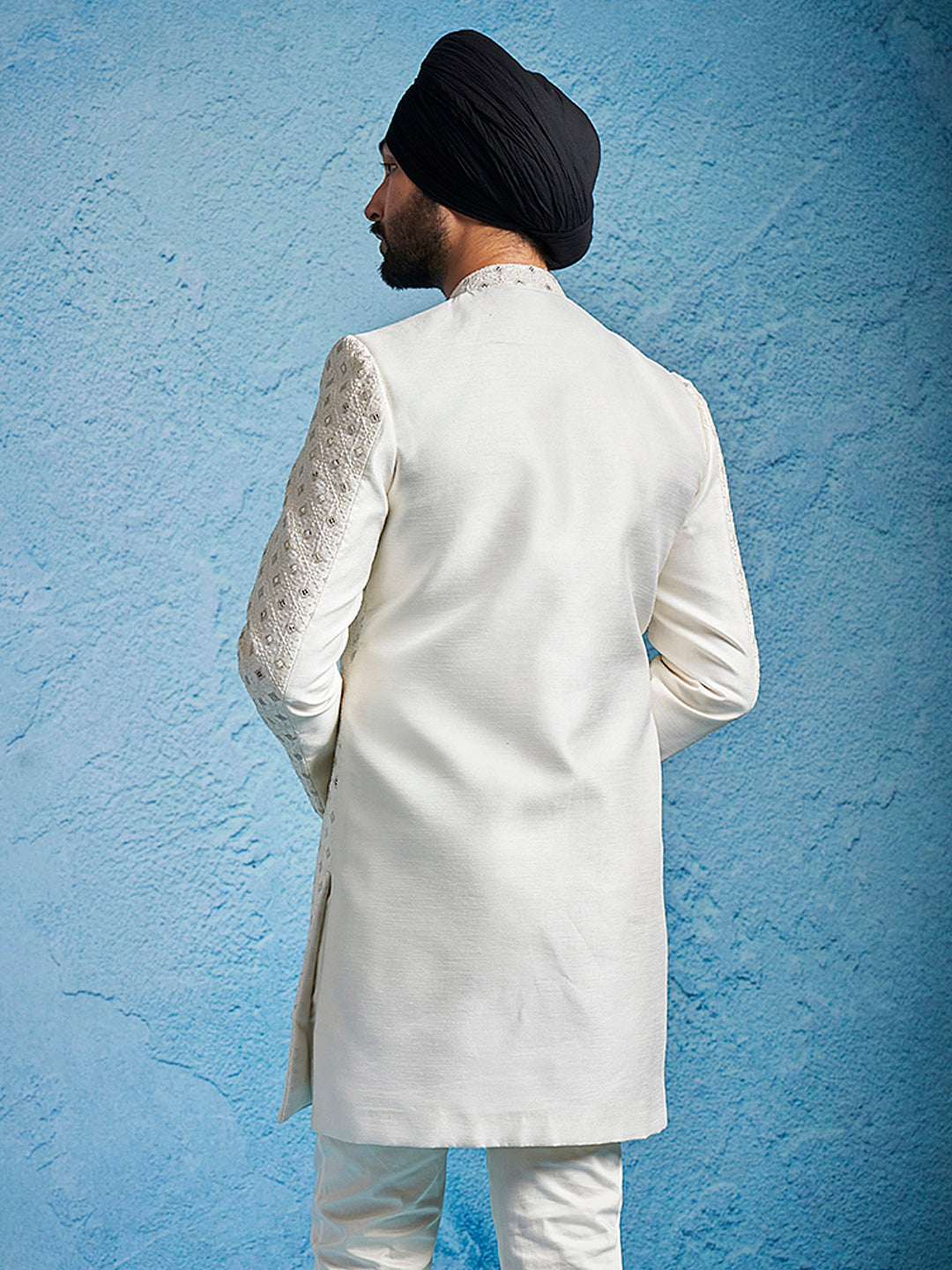 Men's Cream Silk Blend Straight Sherwani Only Top