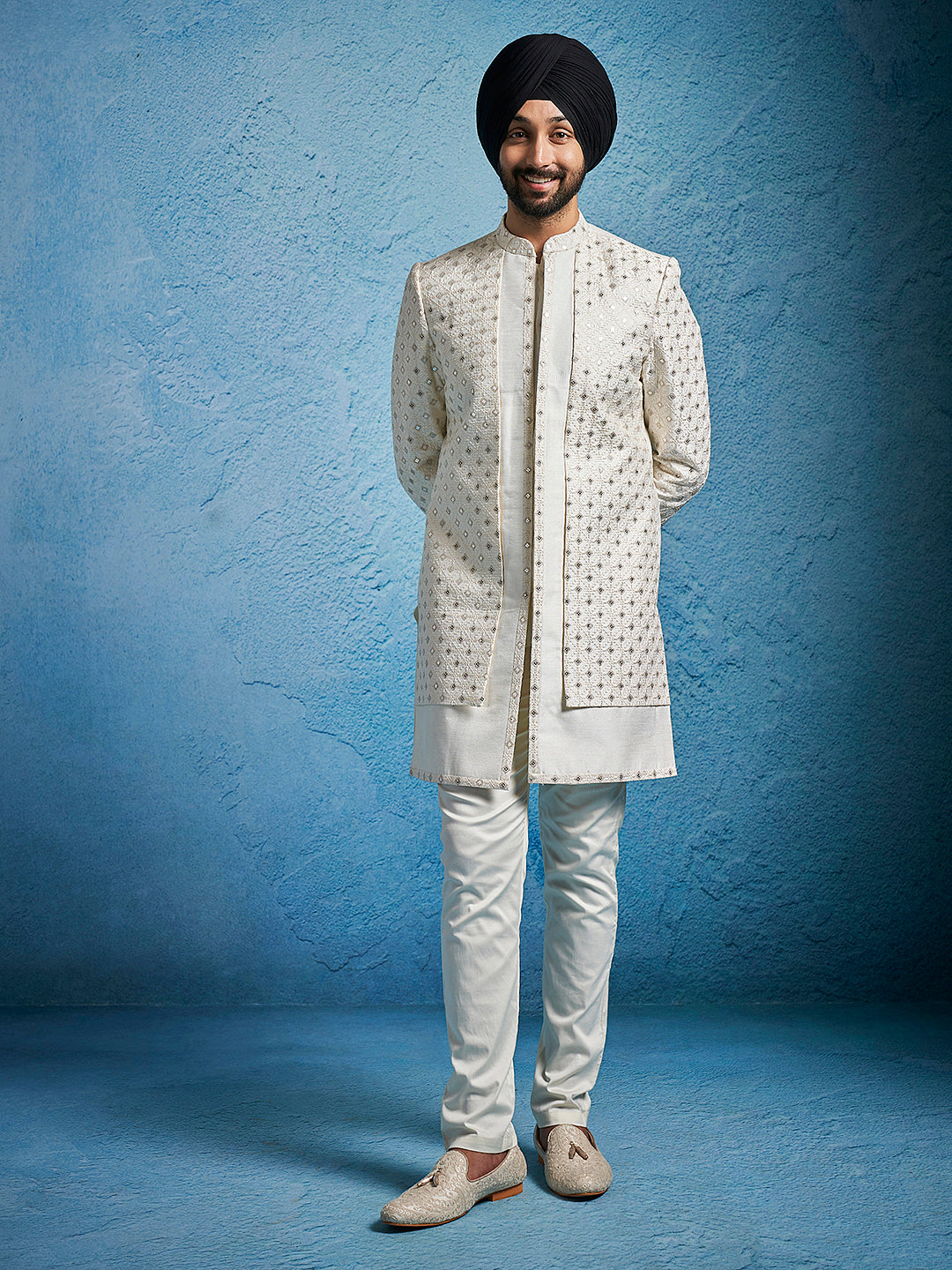 Men's Cream Silk Blend Straight Sherwani Set