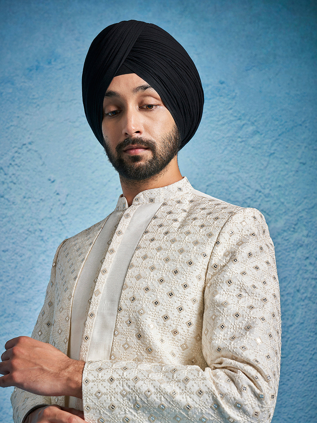 Men's Cream Silk Blend Straight Sherwani Set