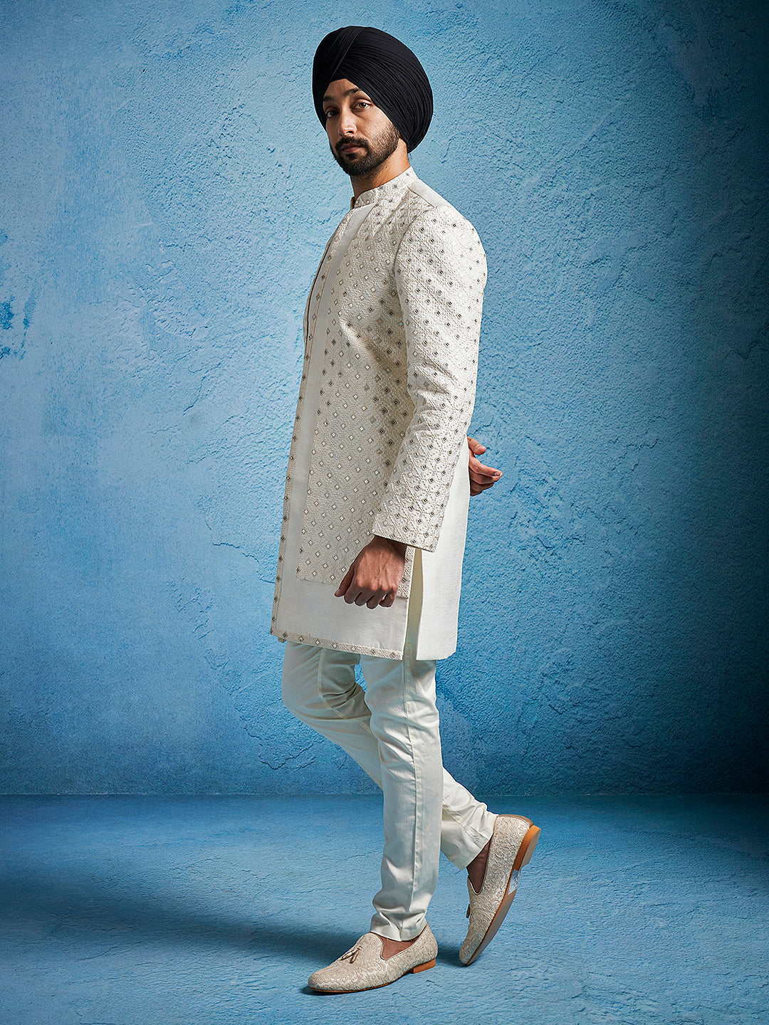 Men's Cream Silk Blend Straight Sherwani Set