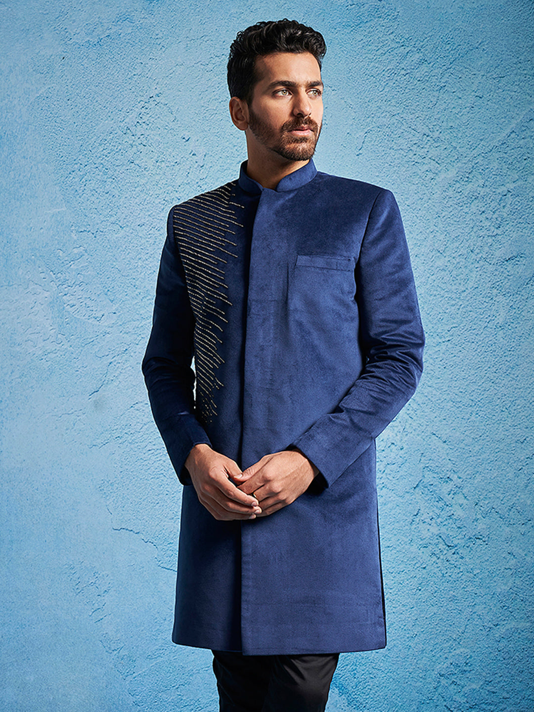 Men's Navy Blue Velvet Straight Sherwani Only Top