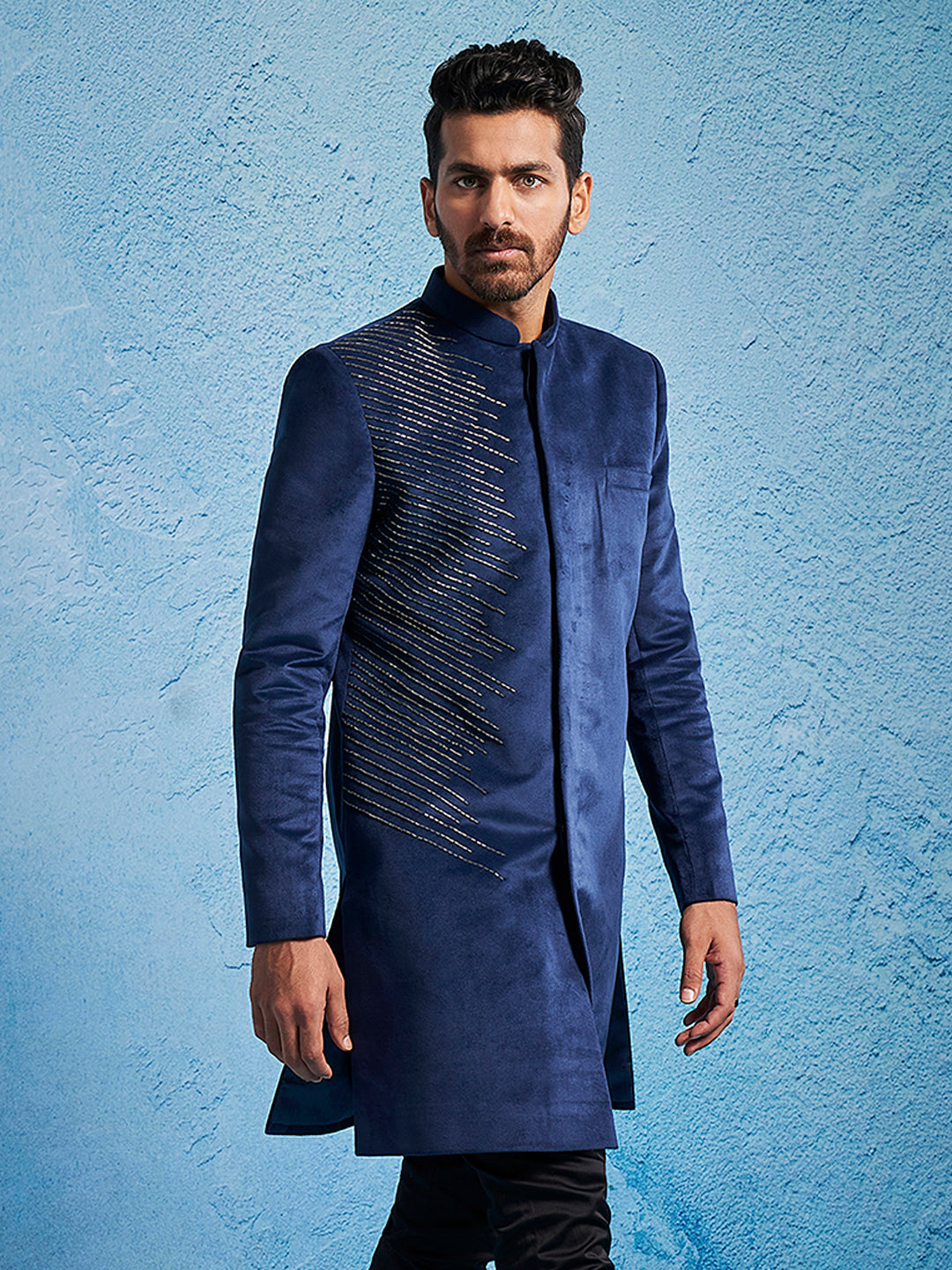 Men's Navy Blue Velvet Straight Sherwani Only Top