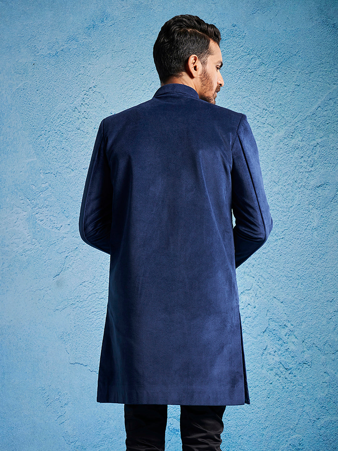 Men's Navy Blue Velvet Straight Sherwani Only Top