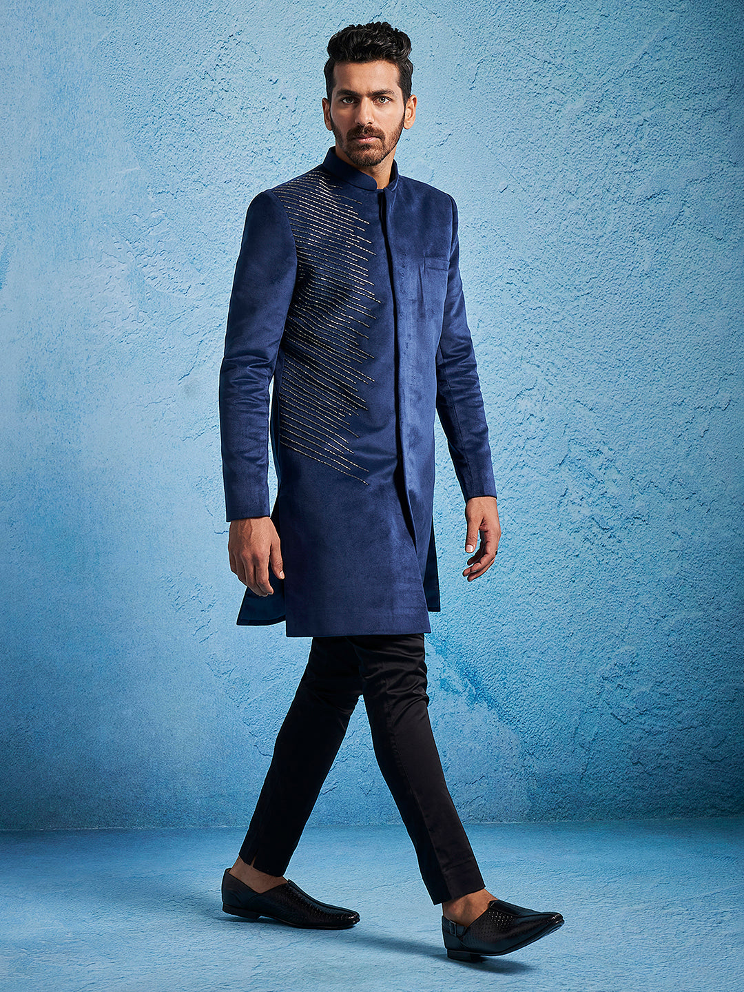 Men's Navy Blue Velvet Straight Sherwani Set – Dhiyona Fashion