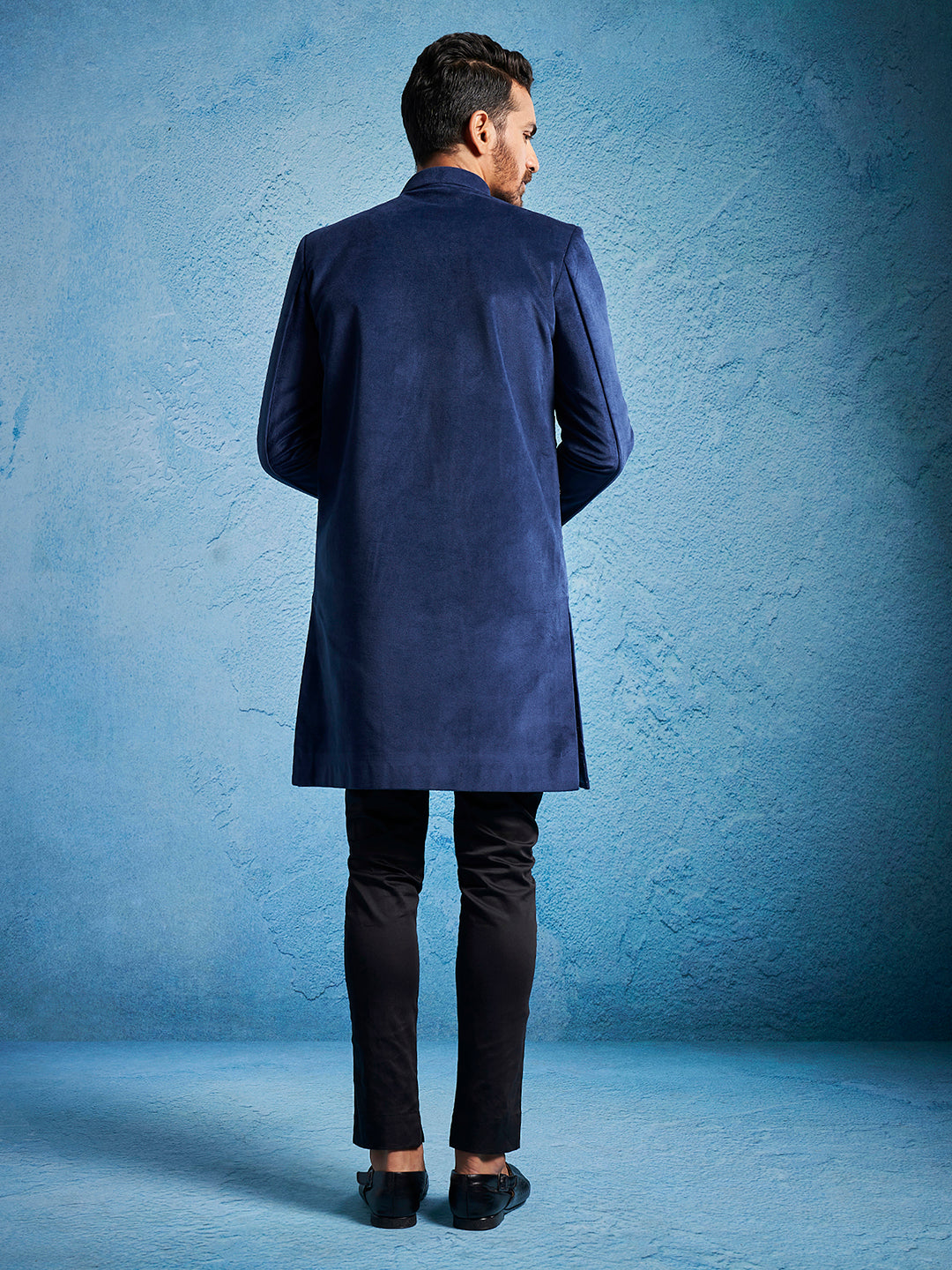 Men's Navy Blue Velvet Straight Sherwani Set
