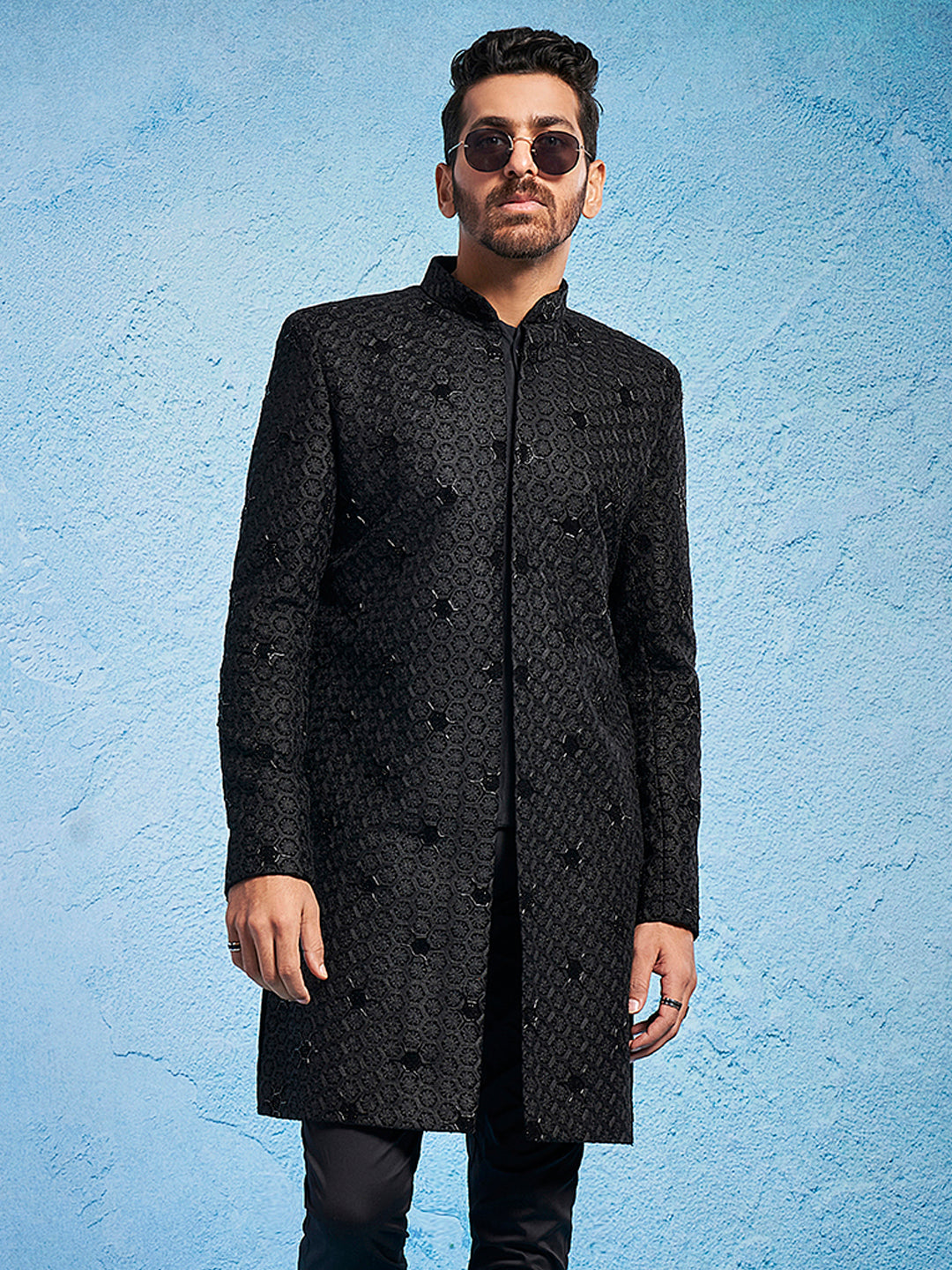 Men's Black Velvet Straight Sherwani Only Top