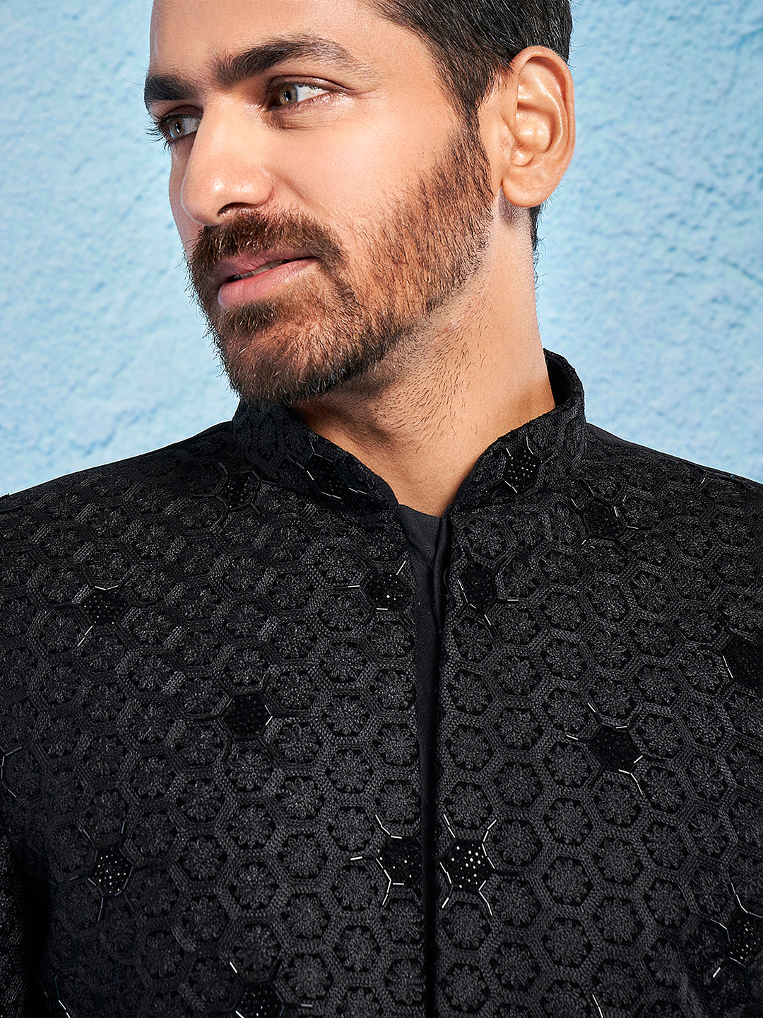 Men's Black Velvet Straight Sherwani Only Top