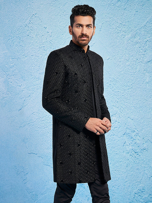 Men's Black Velvet Straight Sherwani Only Top