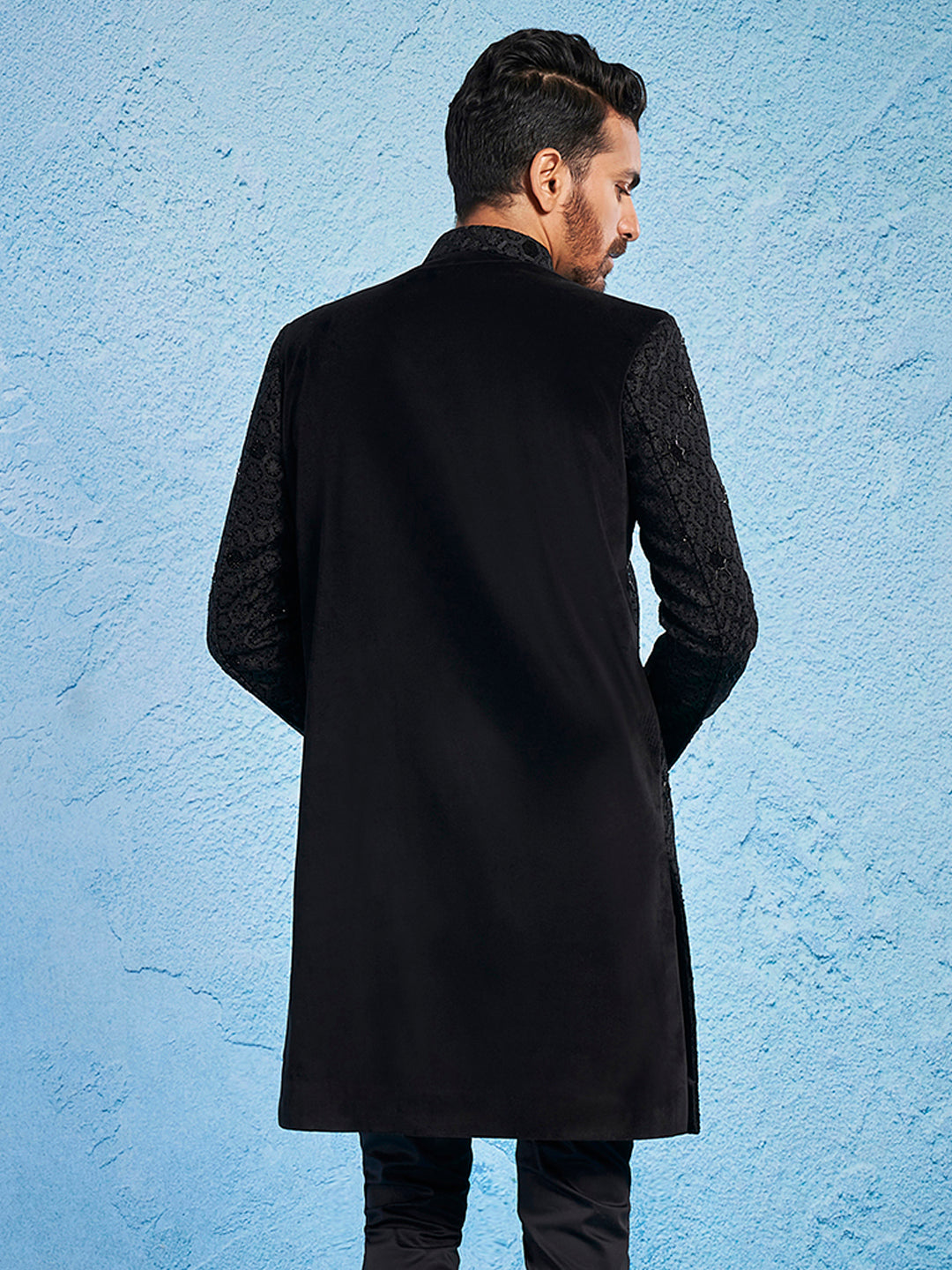 Men's Black Velvet Straight Sherwani Only Top
