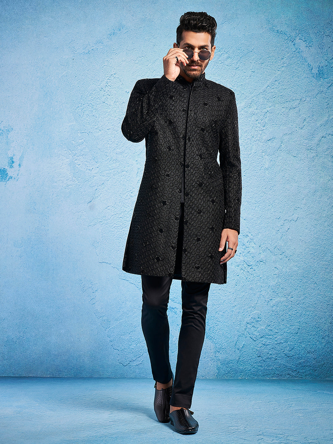 Men's Black Velvet Straight Sherwani Set