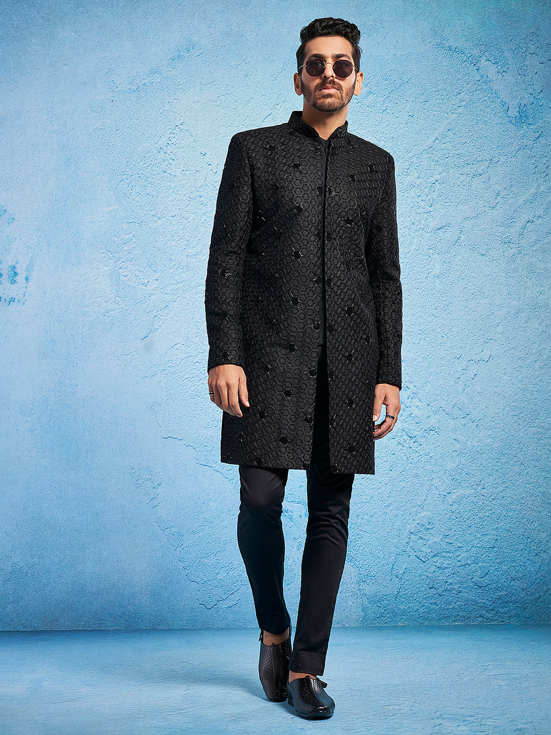 Men's Black Velvet Straight Sherwani Set