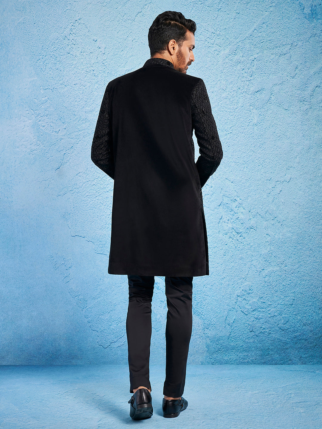 Men's Black Velvet Straight Sherwani Set