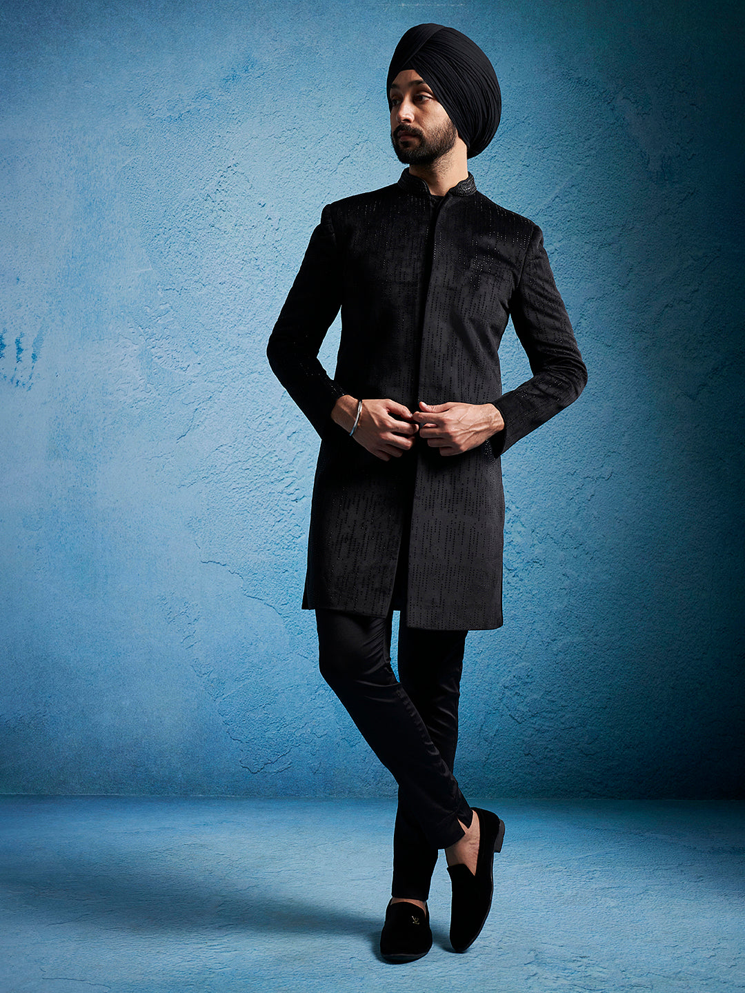 Men's Black Velvet Straight Sherwani Only Top