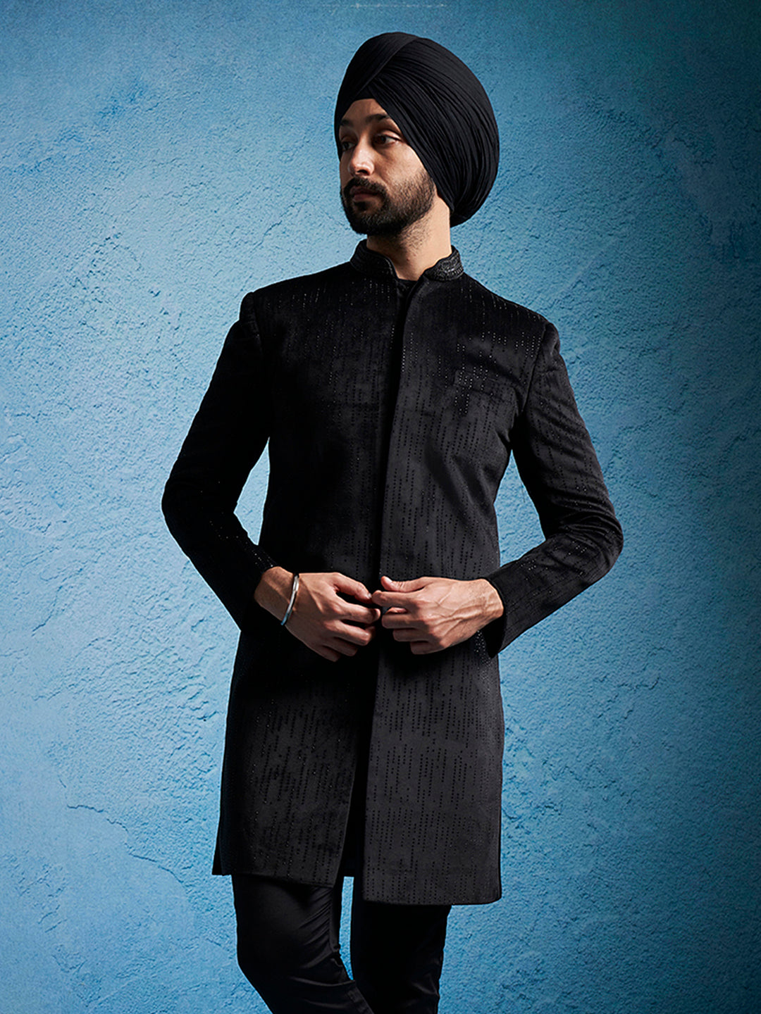 Men's Black Velvet Straight Sherwani Only Top