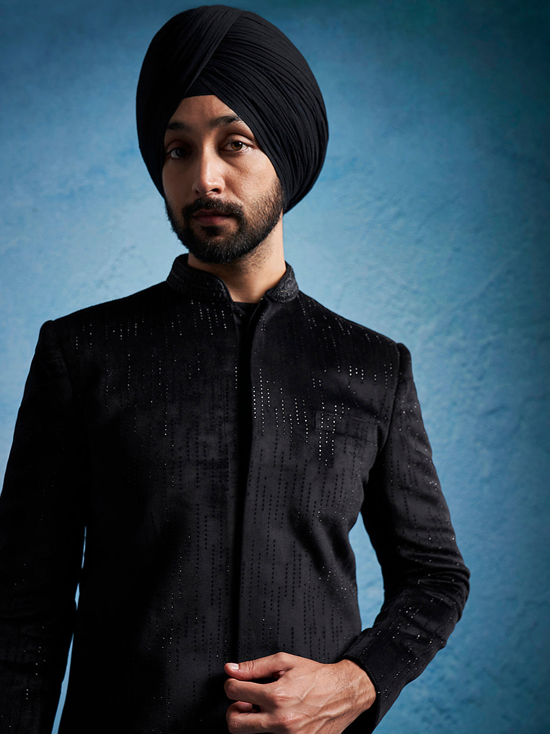 Men's Black Velvet Straight Sherwani Only Top