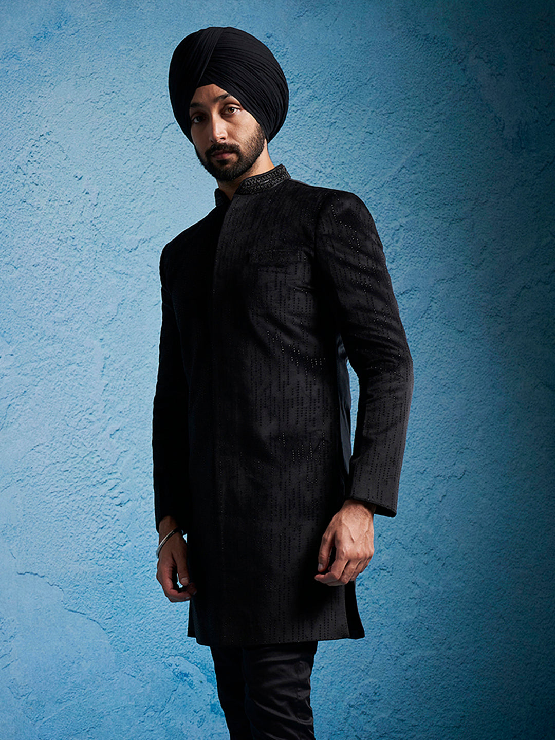 Men's Black Velvet Straight Sherwani Only Top