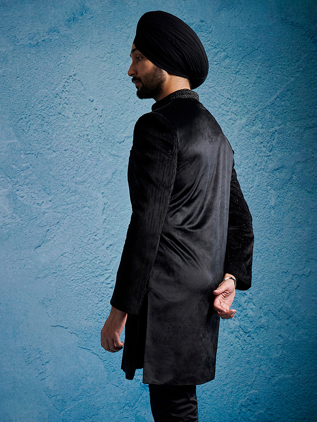 Men's Black Velvet Straight Sherwani Only Top