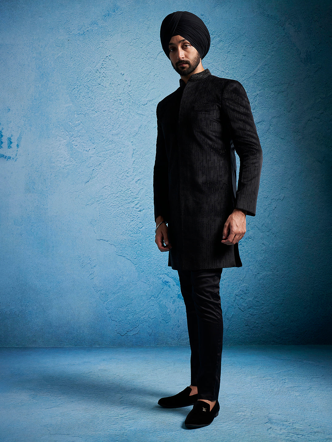 Men's Black Velvet Straight Sherwani Set