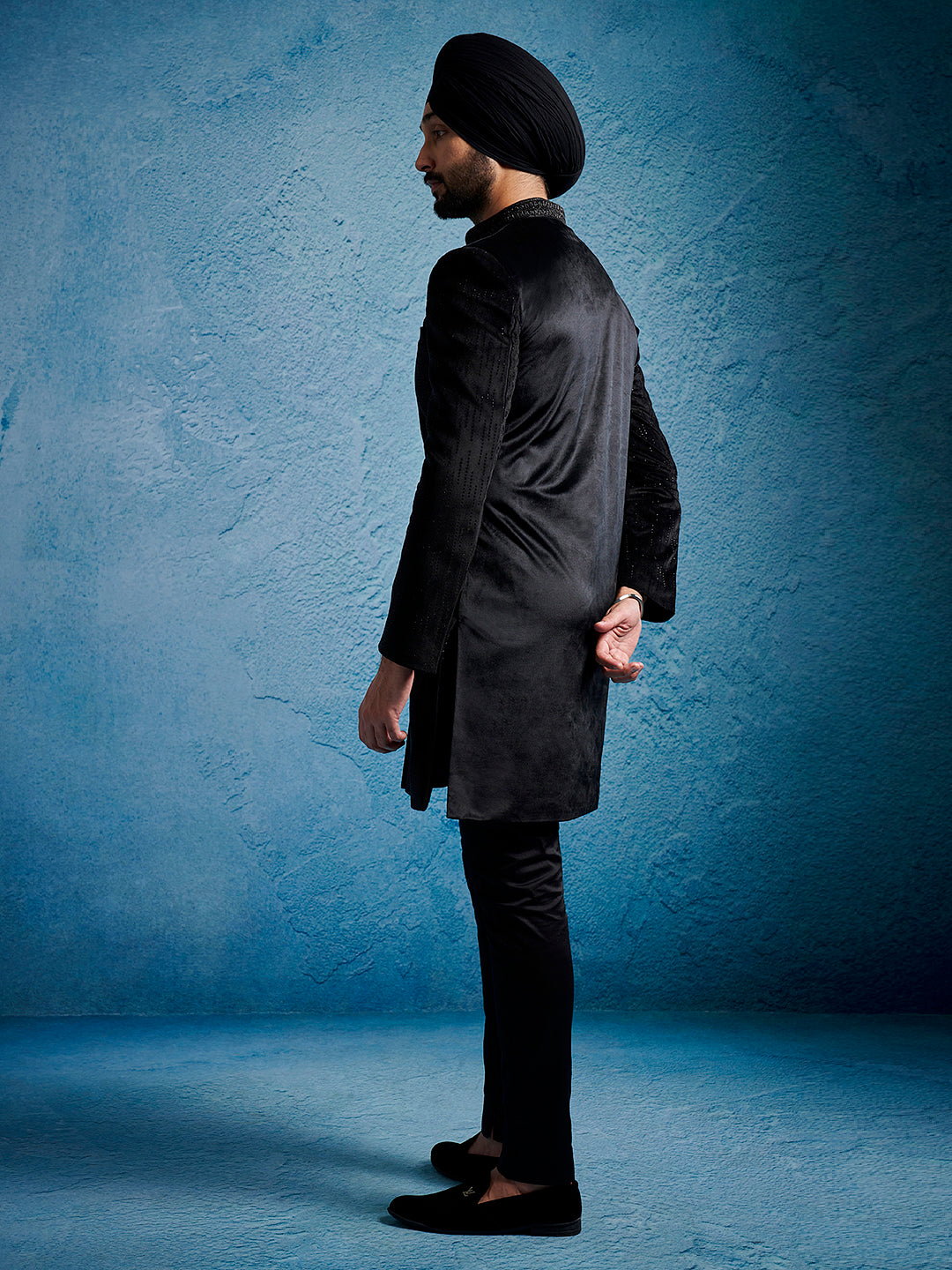 Men's Black Velvet Straight Sherwani Set