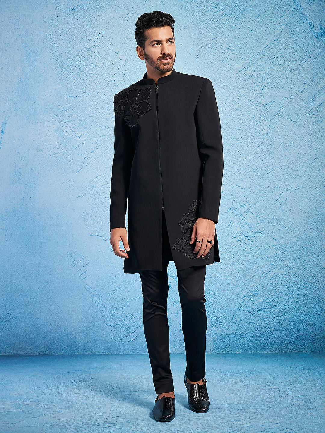 Men's Black Imported Suiting Lycra Straight Sherwani Set