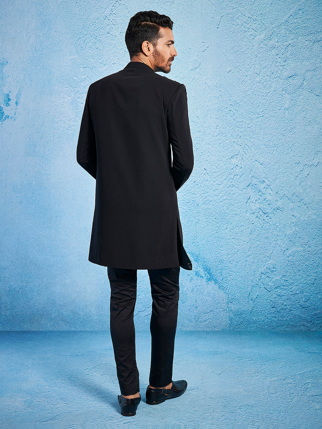 Men's Black Imported Suiting Lycra Straight Sherwani Set