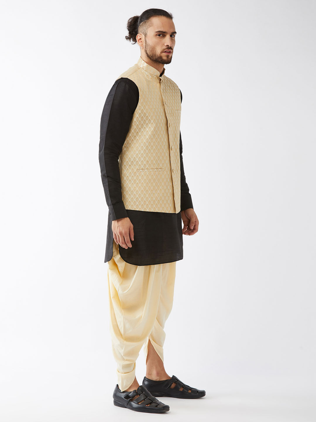 Men's Black Silk Blend Straight Jacket Kurta and Dhoti Set