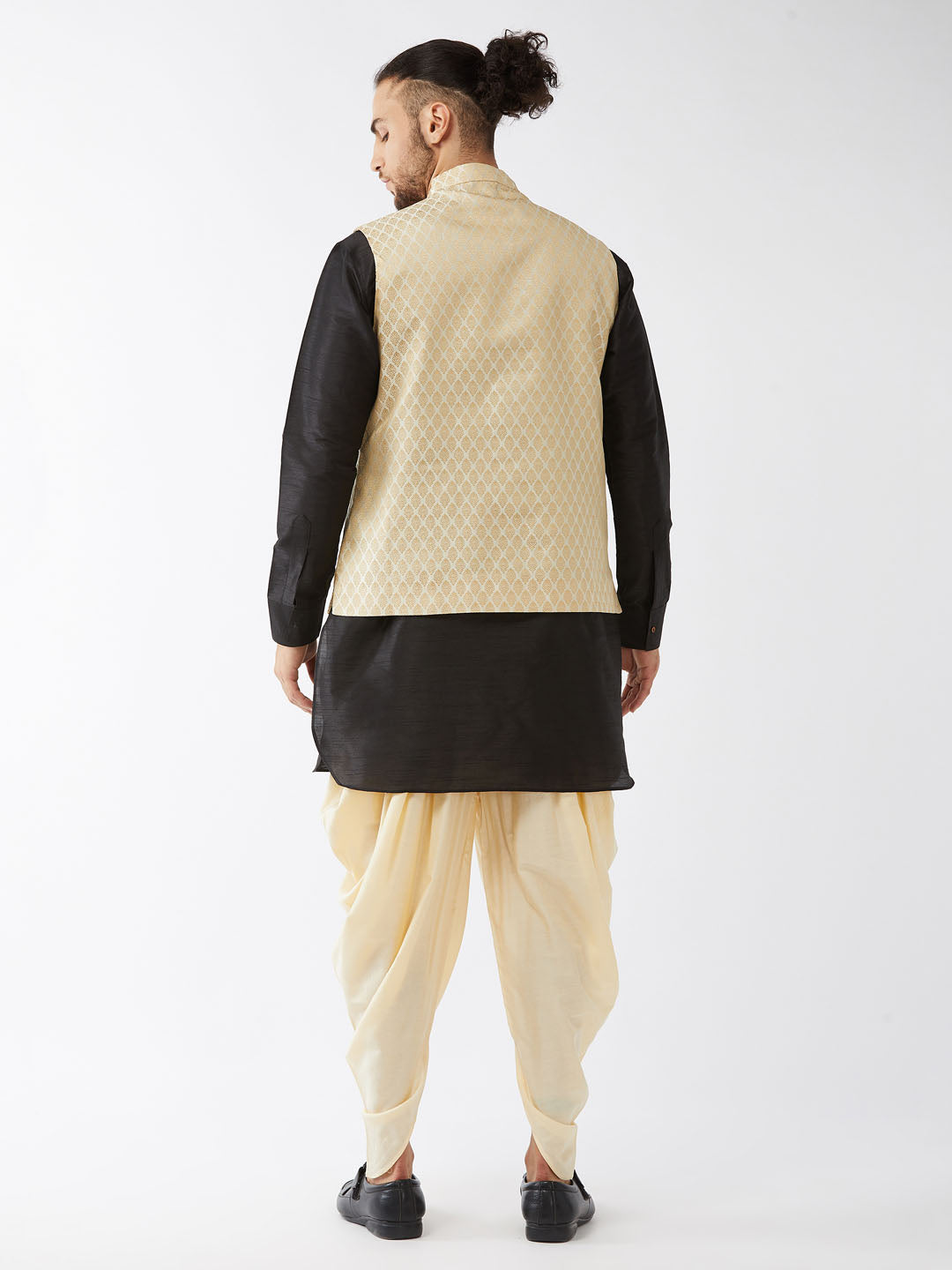 Men's Black Silk Blend Straight Jacket Kurta and Dhoti Set