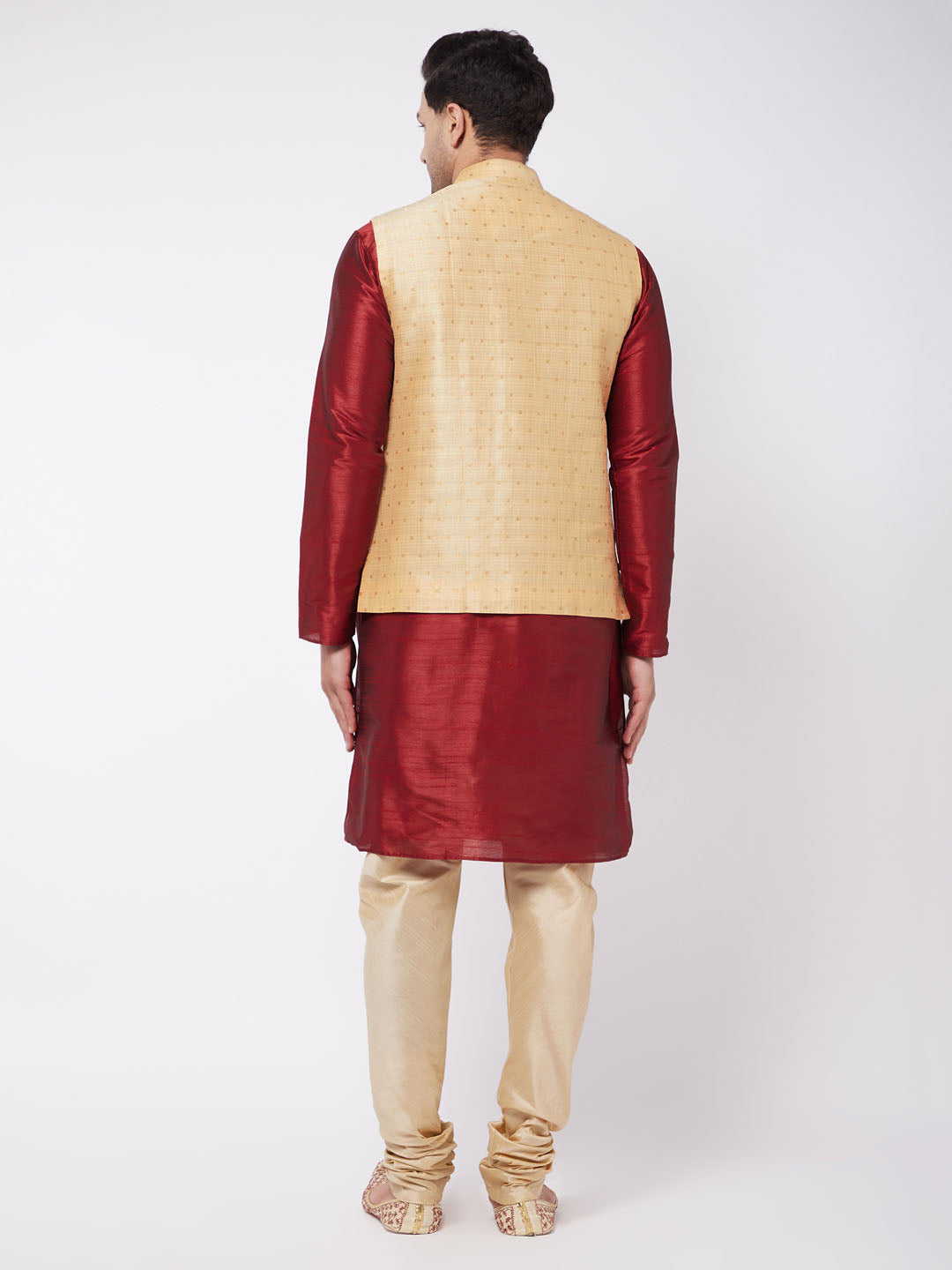 Men's Maroon Silk Blend Straight Jacket Kurta and Pyjama Set
