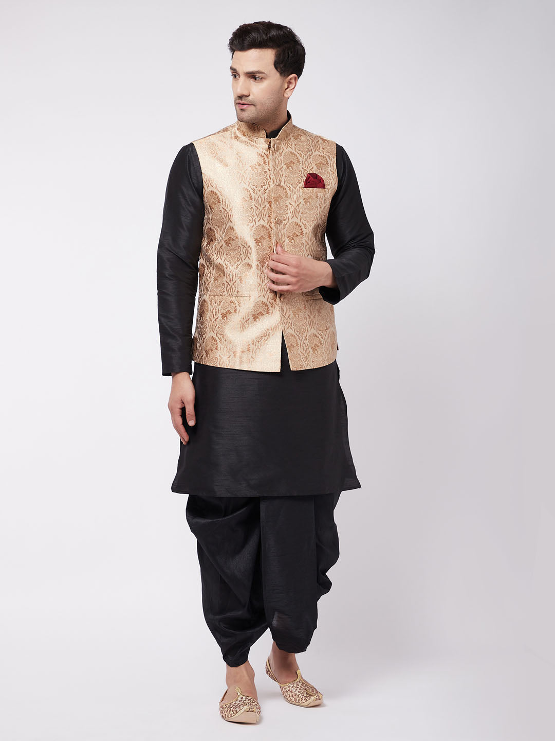Men's Black Silk Blend Straight Jacket Kurta and Dhoti Set