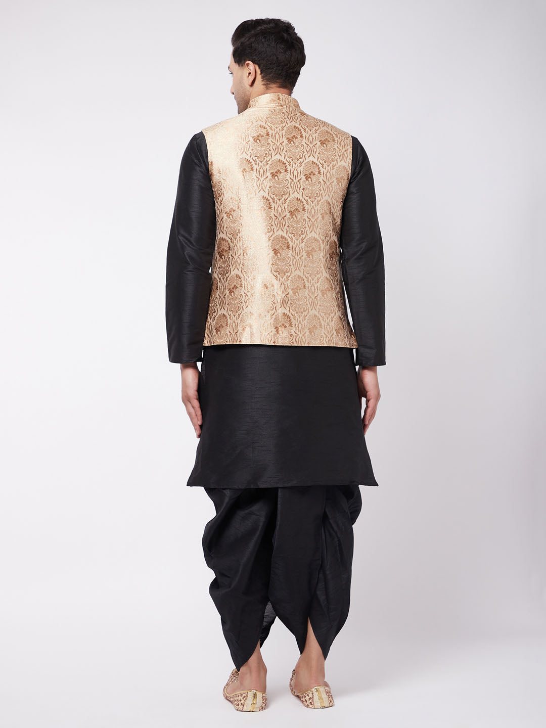 Men's Black Silk Blend Straight Jacket Kurta and Dhoti Set