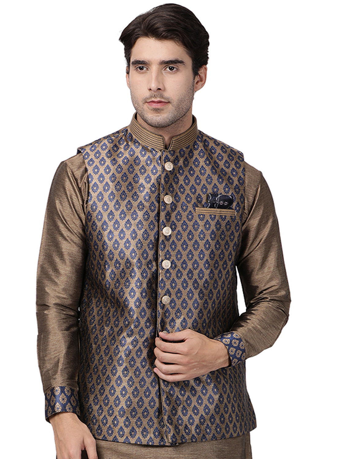 Men's Navy Blue Silk Blend Straight Nehru Jacket