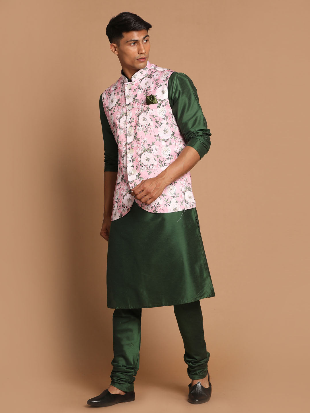 Men's Green Viscose Blend Straight Jacket Kurta and Pyjama Set