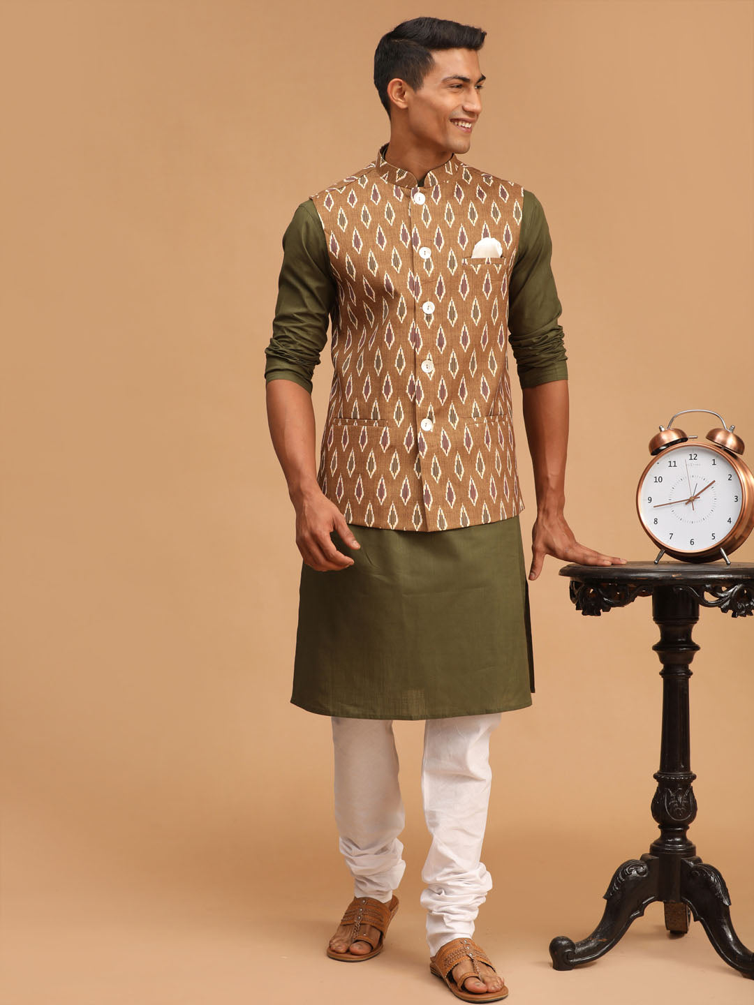 Men's Dark Green Cotton Blend Straight Jacket Kurta and Pyjama Set