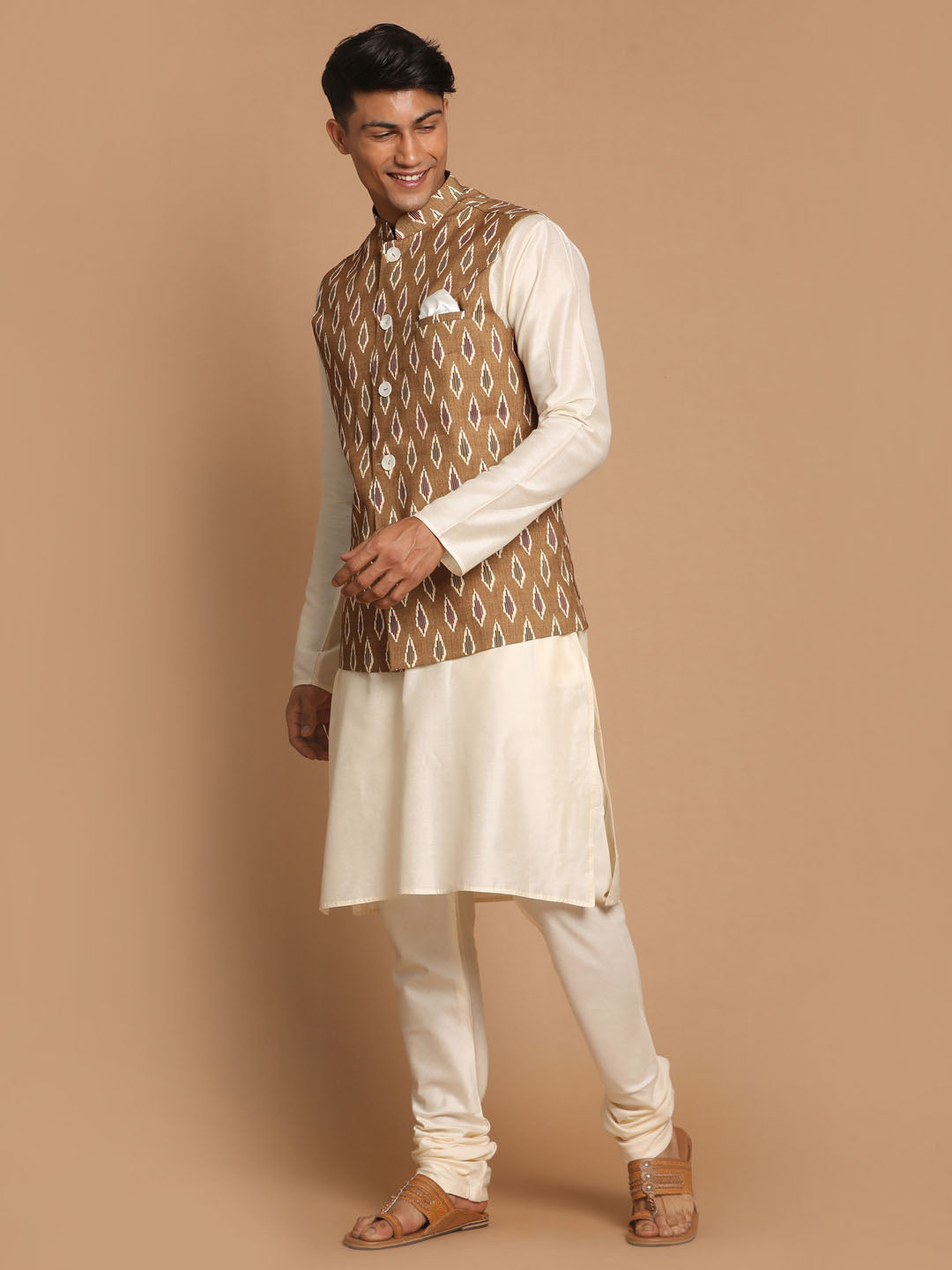 Men's Cream Viscose Straight Jacket Kurta and Pyjama Set