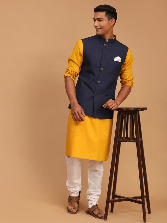 Men's Mustard Cotton Blend Straight Jacket  Kurta and Pyjama Set