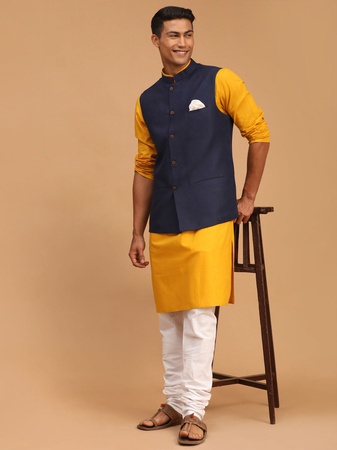Men's Mustard Cotton Blend Straight Jacket Kurta and Pyjama Set