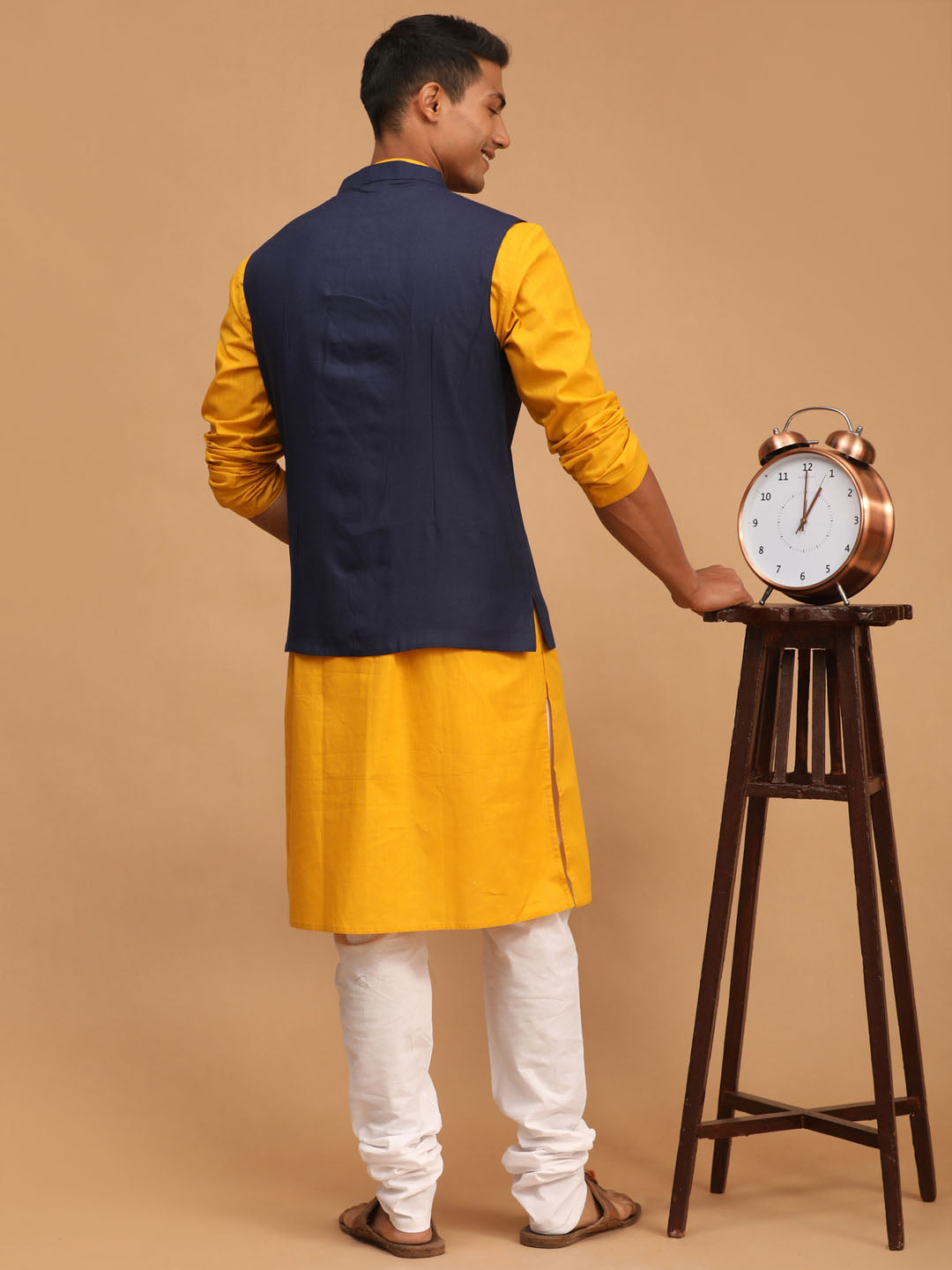 Men's Mustard Cotton Blend Straight Jacket Kurta and Pyjama Set