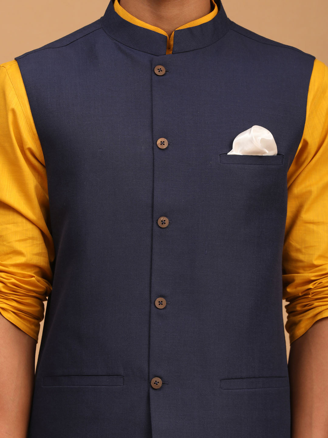 Men's Mustard Cotton Blend Straight Jacket Kurta and Pyjama Set