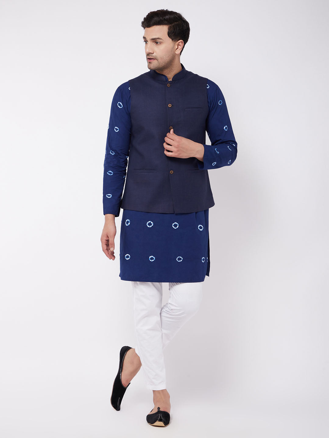 Men's Blue Pure Cotton Straight Jacket Kurta and Pyjama Set