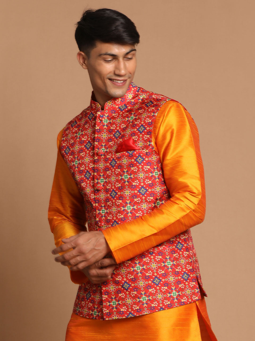 Men's Orange Silk Blend Straight Jacket Kurta and Pyjama Set