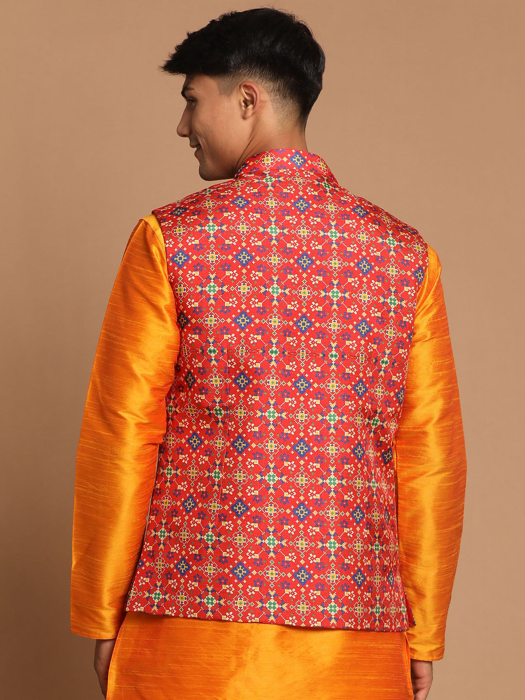 Men's Orange Silk Blend Straight Jacket Kurta and Pyjama Set