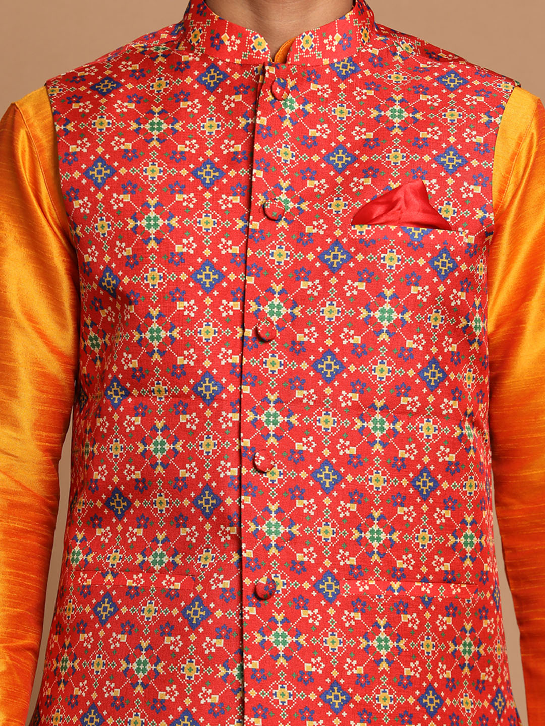 Men's Orange Silk Blend Straight Jacket Kurta and Pyjama Set