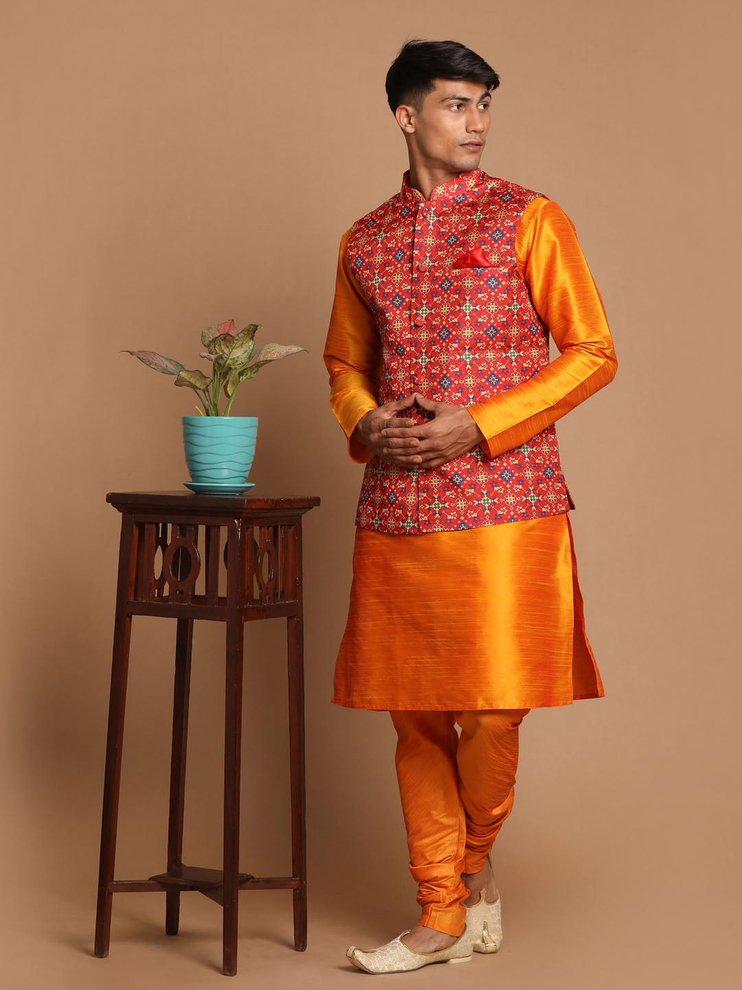 Men's Orange Silk Blend Straight Jacket Kurta and Pyjama Set