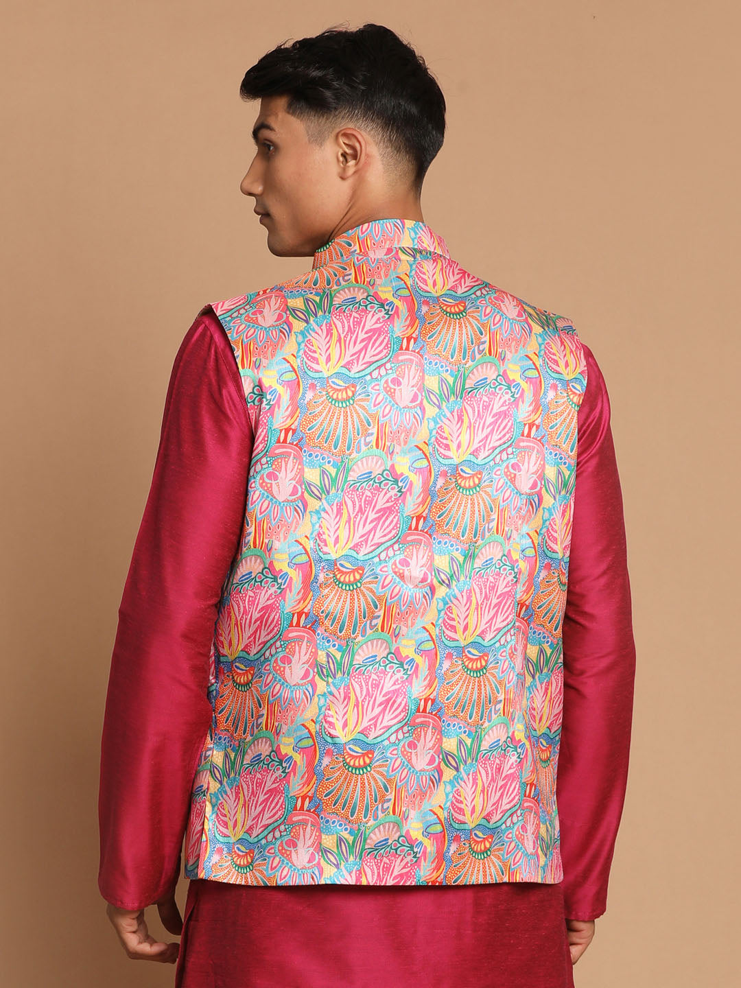 Men's Multicolroed Silk Blend Straight Nehru Jacket