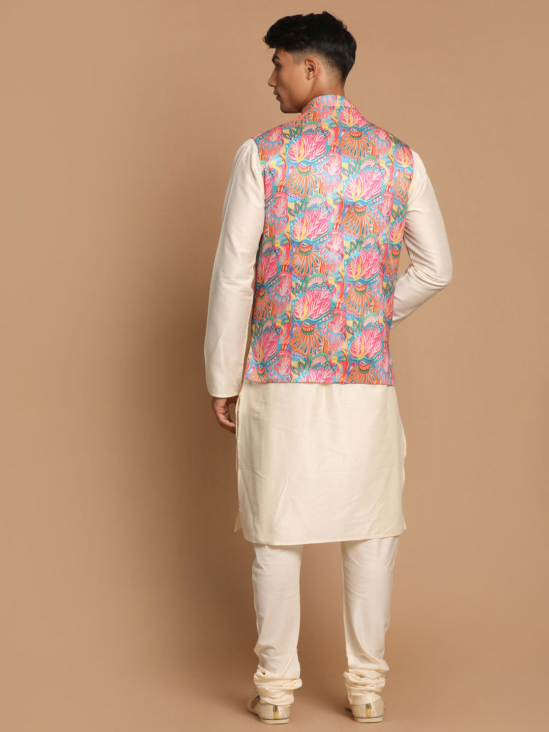 Men's Cream Viscose Straight Jacket Kurta and Pyjama Set