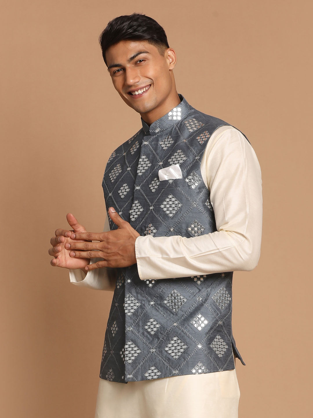Men's Grey Silk Blend Straight Nehru Jacket