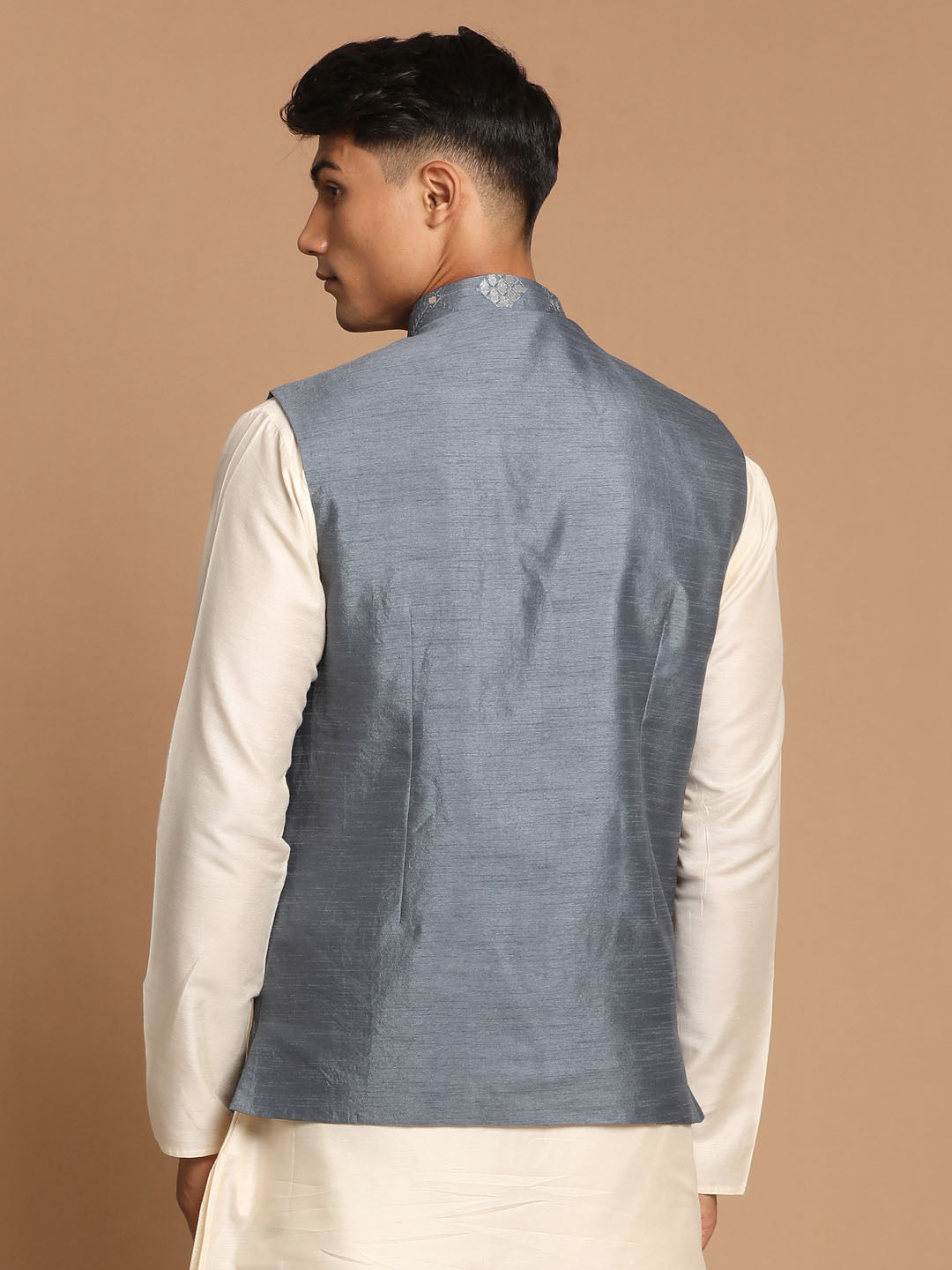 Men's Grey Silk Blend Straight Nehru Jacket