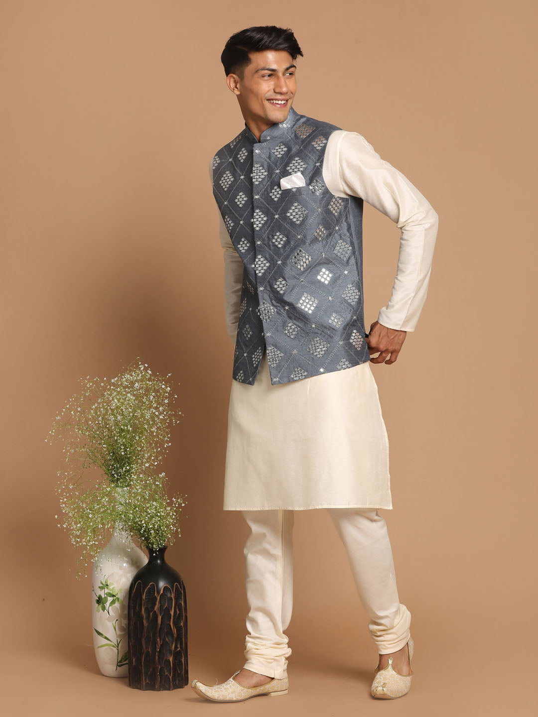 Men's Grey Silk Blend Straight Nehru Jacket