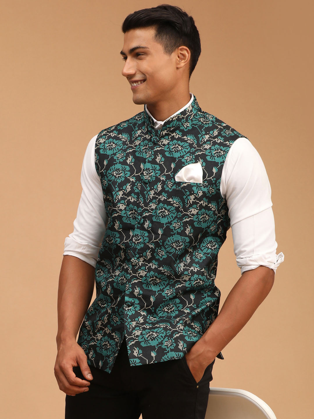 Men's Green Cotton Blend Straight Nehru Jacket